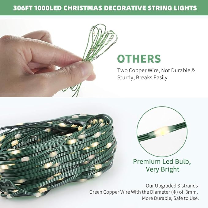 Tcamp 306FT 1000 LED Christmas Lights, 8 Modes Christmas Tree Lights with Timer Memory Function, Green Wire Starry Fairy String Light for Tree Halloween Outdoor Indoor Decor (Warm White)