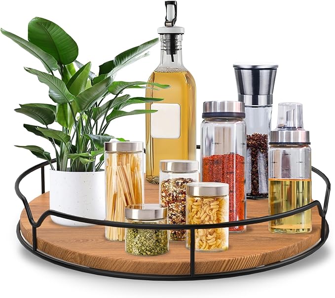 Lazy Susan Turntable Organizer for Cabinet Pantry Kitchen Countertop Refrigerator Cupboard, Pine Wood (Carbonized Black, 14“)