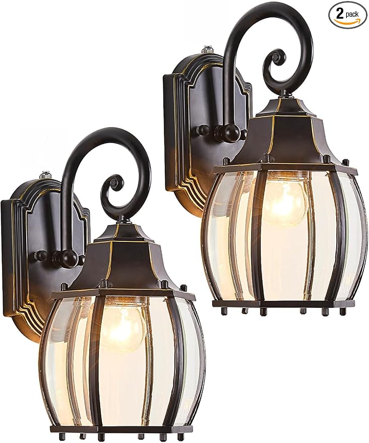Dusk to Dawn Outdoor Wall Light Vintage Wall Lamp Outside with IP65 Sensor Exterior Light Fixtures Wall Mount Porch Light E26 Exterior Wall Sconces in Black with Gold Rim for House 2-Pack