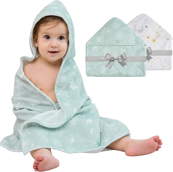 Mooreeke 2 Pack Toddler Towels - 100% Cotton Toddler Hooded Towels - Soft Baby Bath Towel with Hood for Newborn - Comfort Towel for Baby Girls and Boys - Animal Shaped (Flower & Star)