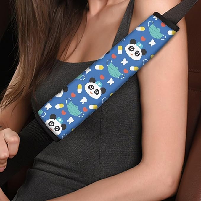 Panda Car Seat Strap Pads Blue Shoulder Strap 2 Pieces Seat Belt Cushion Universal Seatbelt Covers for Adult Women Breathable Soft Seat Strap Pads Vehicle Accessories Decor