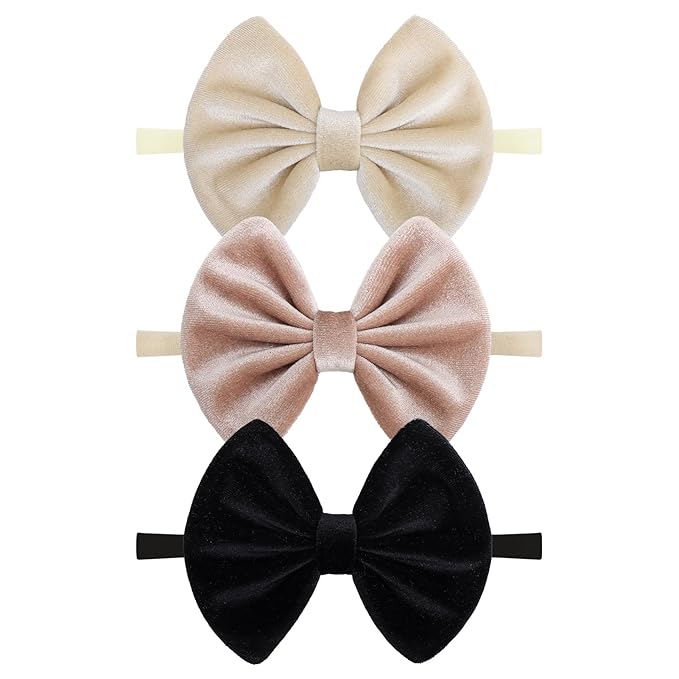 Velvet Baby Bows Headbands Solid Elastic Baby Girl Hair Bows Handmade Newborn Hair Band Bows Infant Toddlers Kids Hair Accessories 3 Pcs Beige Khaki Black