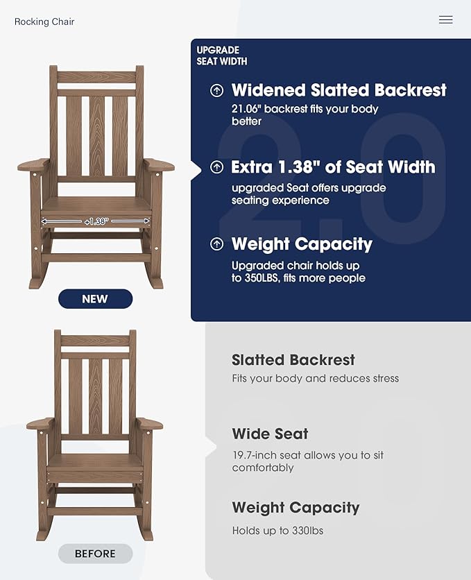 KINGYES Oversized Outdoor Rocking Chair Set of 8, All-Weather Patio Rocking Chairs for Porch, HDPE Outdoor Patio Rockers with High Back & Wide Seat for Garden, Lawn, Brown