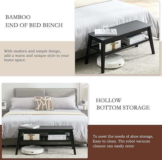 Nnewvante Bamboo Entryway Bench, 33.46" End of Bed Bench, 2 Tier Black Bench for Bedroom, Indoor Bench for Living Room, Dining Room, Hallway, Holds up to 300lbs