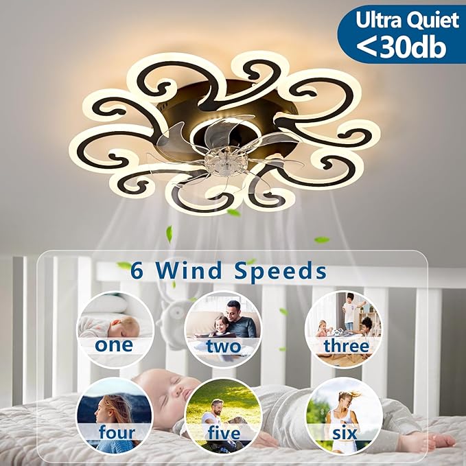 29" Black Flower Modern Ceiling Fan with Lights Remote Control, Low Profile Ceiling Fan with Light for Kitchen Bedroom Living Room
