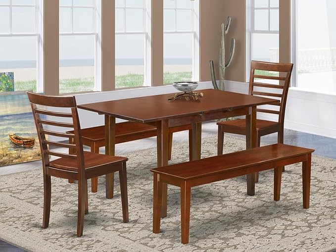 East West Furniture NOML5C-MAH-W 5 Piece Dining Table Set for 4 Includes a Rectangle Kitchen Table with Butterfly Leaf and 2 Dining Room Chairs with 2 Benches, 32x54 Inch, Mahogany