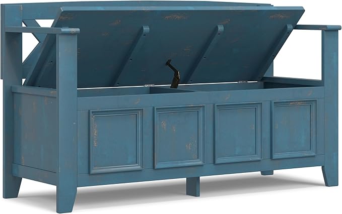 SIMPLIHOME Amherst Entryway Storage Bench - 48 inch Wide Solid Wood Hallway Seat in Distressed Coastal Blue, Transitional Bench for Entryway or Living Room with Lift-Up Lid and Spacious Storage