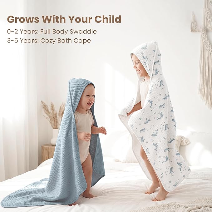 Konssy 2-Pack Muslin Hooded Baby Towels, 100% Cotton, Ultra-Soft & Absorbent Baby Bath Towels with Hood for Newborn & Infant (Blue, Blue Whale, 32" x 32")