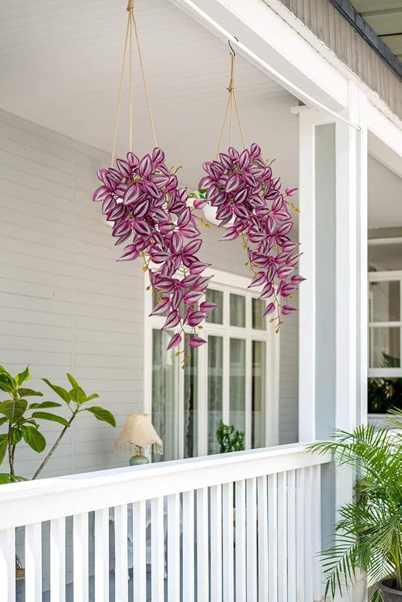 DILATATA Fake Hanging Plants Artificial Hanging Plants 26" Faux Wandering Jew Hanging Leaves Plants for Wall Shelf Home Indoor Outdoor Decor - 2 Pack