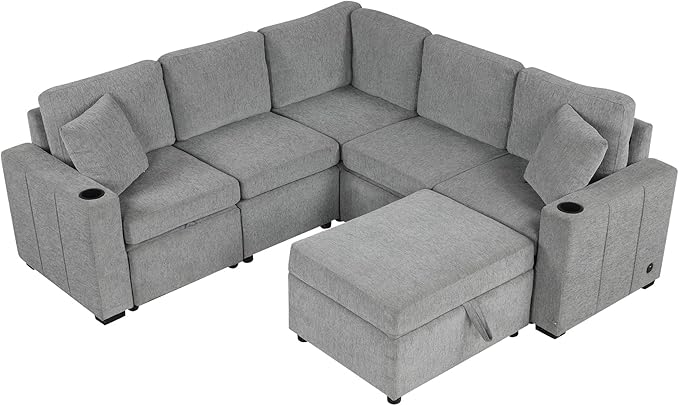 84.7" Symmetrical Convertible Sleeper Sectional Sofa Couch Bed for Living Room 4 Seater L Shaped Reversible Pull Out Sleeper Sofabed with Movable Ottoman ,2 Cup Holders ,USB Ports, Detachable Backrest