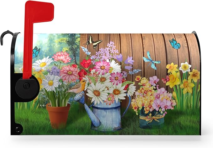 Spring Flower Mailbox Covers Magnetic Standard Size Summer Floral Butterfly Mailbox Wraps Colorful Farmhouse Mailbox Post Cover Welcome Mailbox Decor Waterproof for Garden Yard 21x18 Inch