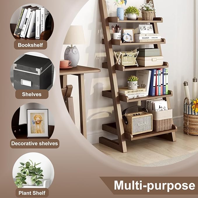5-Tier Wooden Ladder Shelf Bookcase, H 55" Walnut Ladder Bookshelf Freestanding Storage Shelves Rack Organizer for Living Room, Home Office and Bedroom