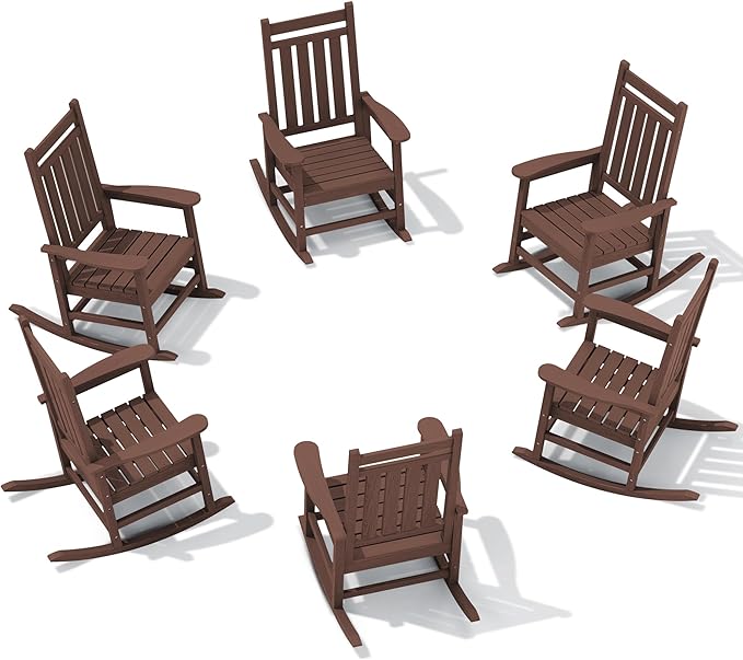 SERWALL HDPE Outdoor Rocking Chair Set of 6, Patio Rocking Chairs for Adults, All Weather Outdoor Rockers for Lawn, Brown