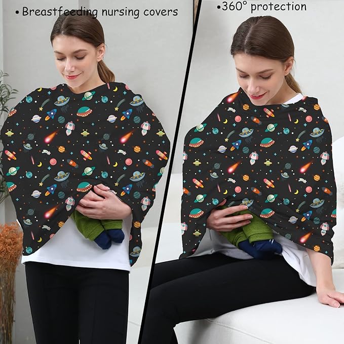Carseat Covers Unisex - Black Creative Spacecraft Pattern Car Seat Canopy Cover for Babies, Multi-use Breastfeeding Cover, Baby Shower Gifts for Boy and Girls