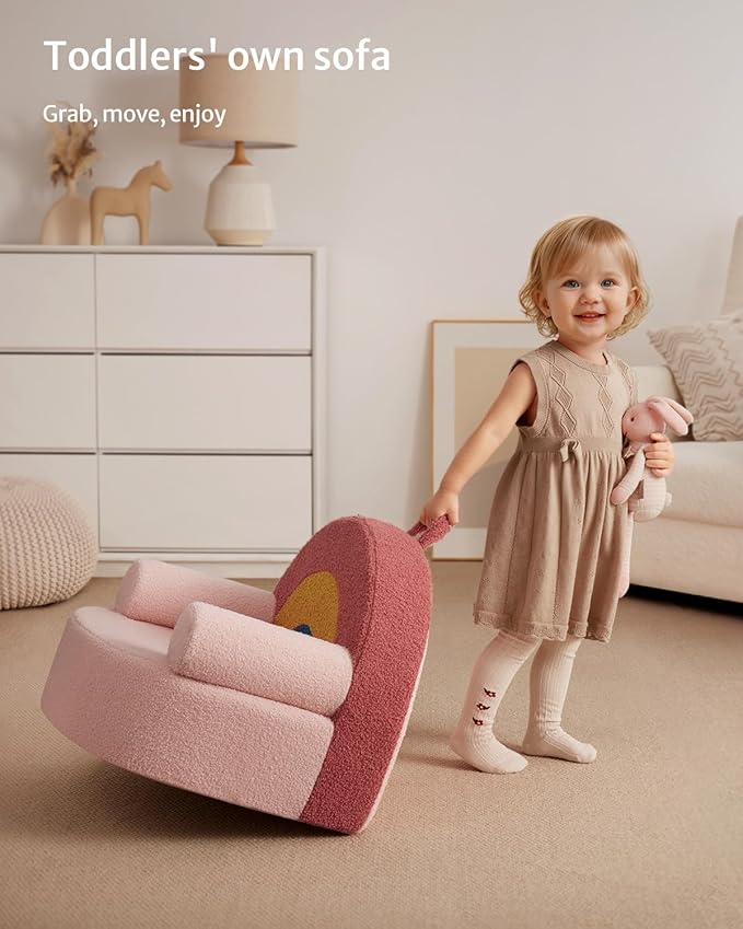 Blissful Diary Toddler Chair Comfy, Foam Kids Chair with Soft Teddy Plush, Toddler Reading Chair with Cute Arclet Designs- Blush Pink