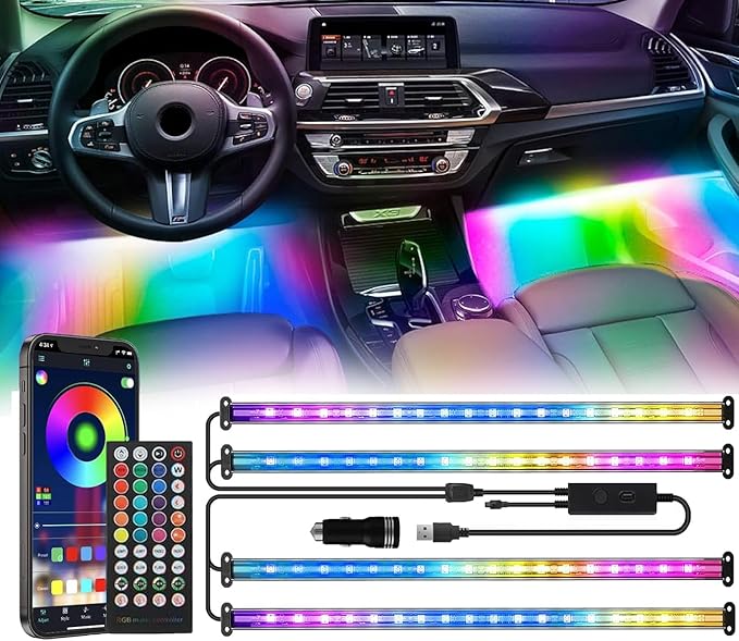 72 LED USB Interior Car Strip Lights Dream Color RGB-IC 12V DC with App RF Remote Control Multicolor Footwell Under Dash Chasing Inside Light Kits Music Sync Mode LED Lights for Cars Truck ATV UTV