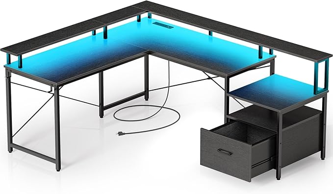 Rolanstar L Shaped Gaming Desk with Drawers, 64" Reversible Computer Desk with Power Outlet & LED Strip, Corner Desk with File Cabinet & Monitor Stand, Home Office Desk, Black