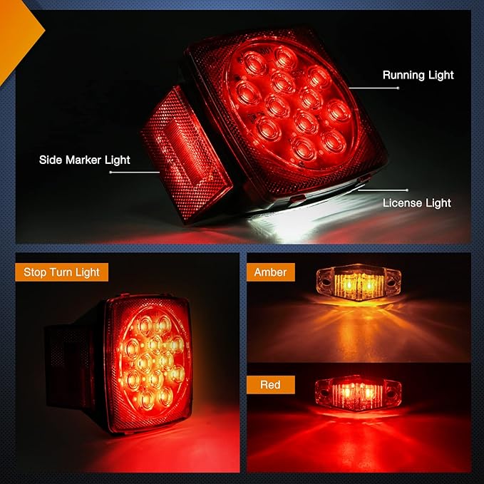 Nilight LED Trailer Light Kit Square Stop Turn Tail Red Amber Side Marker lights Third Brake ID Bar for 12V Utility Boat Camper RV Trucks Marine Snowmobile
