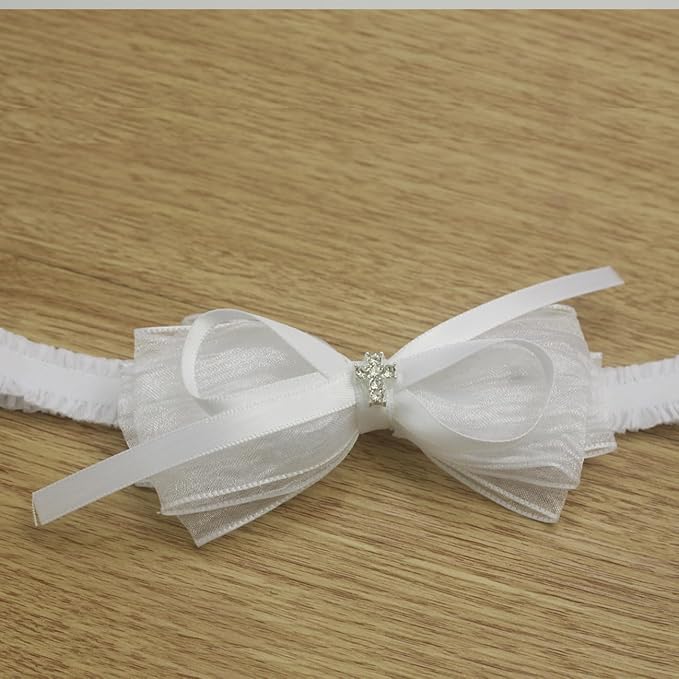Nihao Baby White Organza Bow Headband for Toddler (0-6 months) - Handmade Bow for Baptism, Christening, First Communion, Weddings, Baby Shoots, Birthdays and more