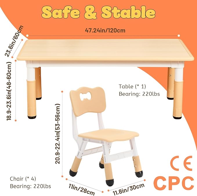 FUNLIO Kids Table and 4 Chairs Set for Ages 3-8, Height Adjustable Toddler Table and Chair Set, Easy to Wipe Arts & Crafts Table, for Classrooms/Daycares/Homes, CPC & CE Approved (5 pcs Set) - Natural