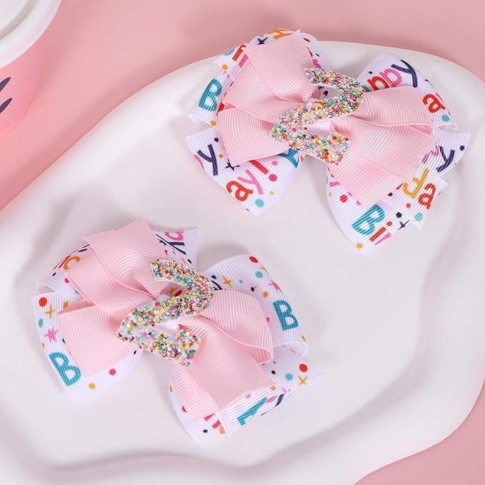 Happy Birthday Hair Bow for Girls,3.5in Glitter Pink Sprinkle Bow Clips Barrettes Alligator Hair Pins for Teens,Toddlers,Kids,2nd Birthday Ice Cream Party Decor Accessories Gift