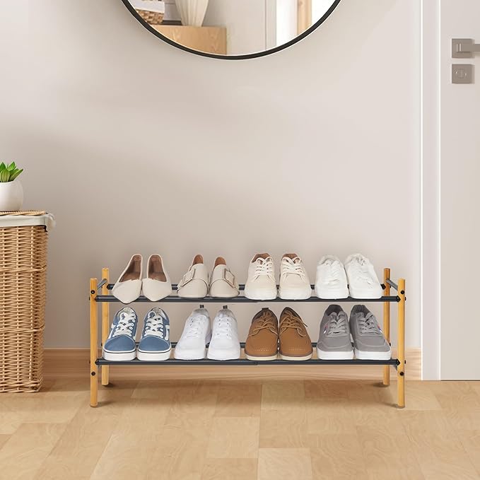 STORAGE MANIAC Expandable Shoe Rack, 8 Pairs Stackable Small Shoe Rack, Metal Adjustable Shoes Organizer for Closet, Entryway, Hallway, Garage, Front Door, Shoes Shelves, Bamboo 2 Tier