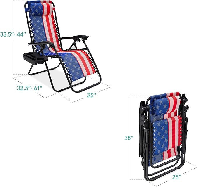 Best Choice Products Set of 2 Adjustable Steel Mesh Zero Gravity Lounge Chair Recliners w/Pillows and Cup Holder Trays - American Flag