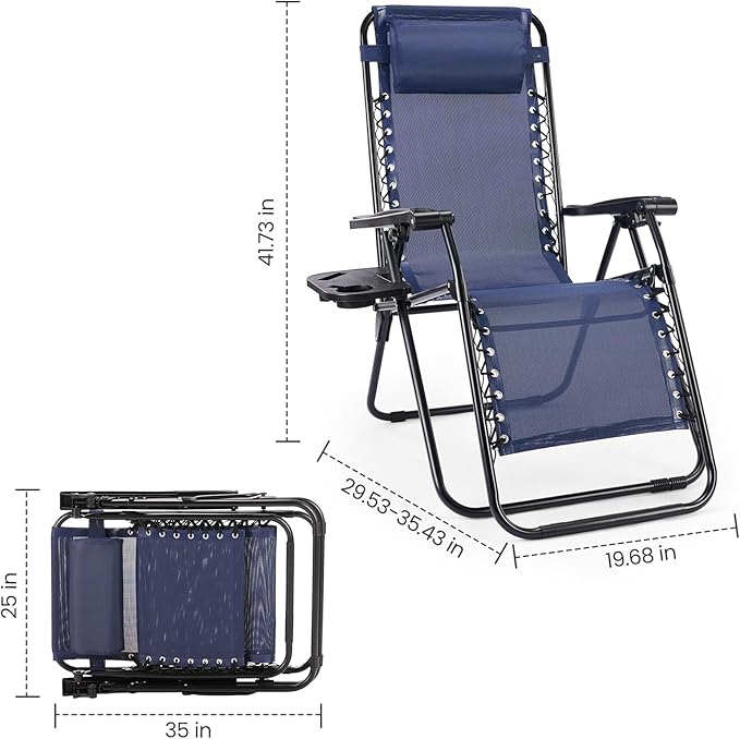 Sweetcrispy Zero Gravity Chairs, Set of 2 Portable Recliner Beach Camping Patio Outdoor Folding Lounge Chair with Cup Holder Trays and Adjustable Pillow for Poolside, Garden, Backyard, Lawn (Blue)