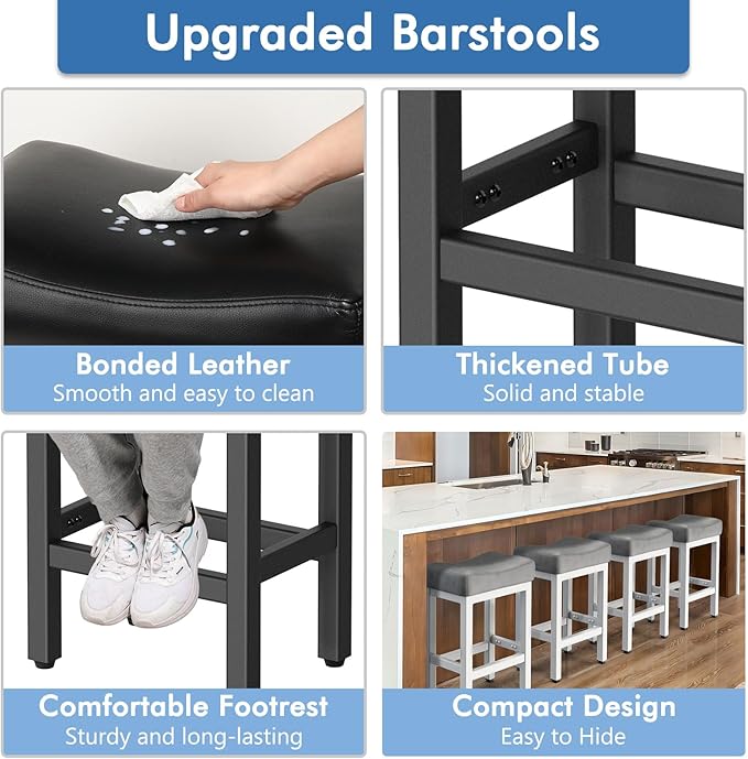 Counter Height Bar Stools Set of 3, 24 Inch Barstools for Kitchen Island Counter, Bonded Leather Kitchen Stools with Saddle Seats & Metal Base, Easy Assembly, Black