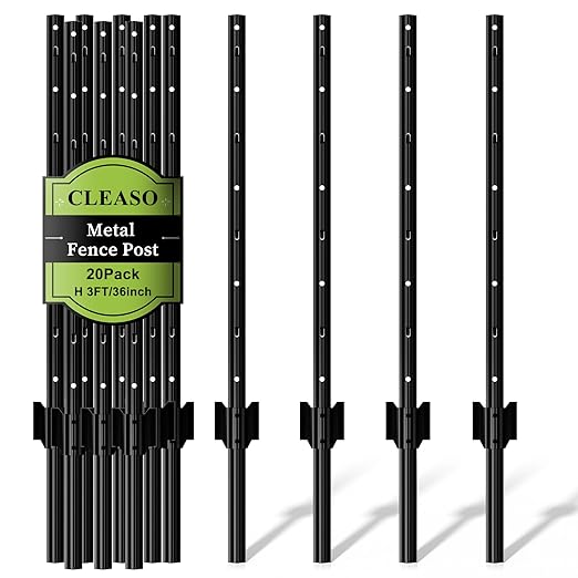 20 Pack Metal Fence Posts, 3ft Heavy Duty U-Post, Black Garden Stakes, No-Dig Post Anchors for Wire Fences, Temporary Fencing, Electric Fence, and Corner Support