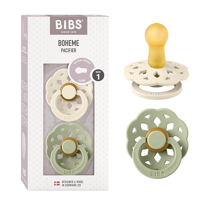 BIBS Pacifiers - Boheme Collection | BPA-Free Round Nipple | Nautral Rubber Latex | Made in Denmark | Set of 2 Ivory/Sage Color Premium Soothers | Size 0-6 Months