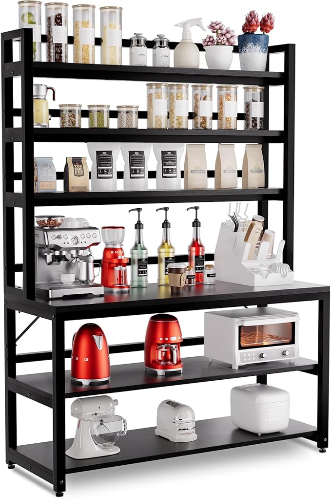 Aquzee Large Bakers Rack for Kitchens, 47in Wide (47.2“W x 15.7”D x 70.8" H) 6 Tiers Kitchen Stand with Hutch & Storage, Black Freestanding Tall Bakers Racks Organizer with Shelves
