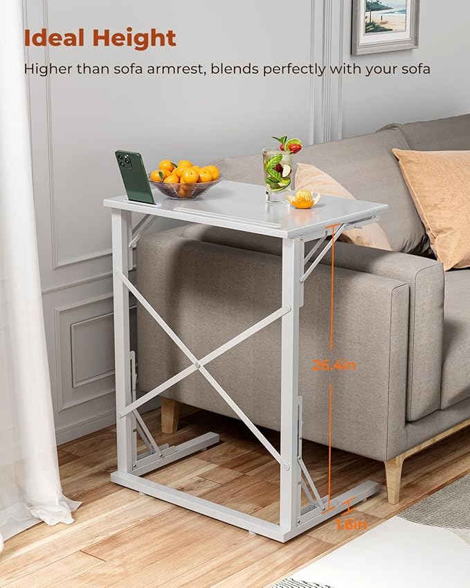 21''Wx28''H Folding TV Tray for Eating, Small Foldable C-Shaped Tray Table with Tablet and Phone Slots, Slide Under Couch Side Table for Recliner, Living Room, Bedroom, White