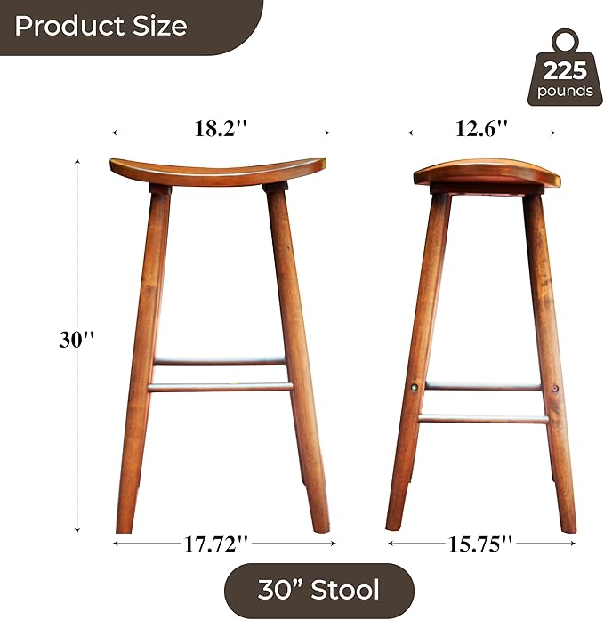 Nora 30" Backless Bar Stool, Saddle Seat Design, Solid Rubber Wood Frame with Rich Brown Finish, Perfect for Kitchen Counter, Bar Area, or High Dining Spaces