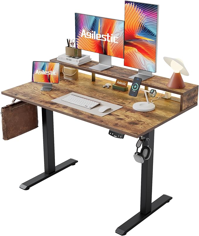 Electric Height Adjustable Standing Desk with Power Outlet and LED Light Strip, Sit to Stand, Ergonomic 48x24 Rising Desk with Memory Presets, Home Office Workstation, Computer Gaming Table, Brown