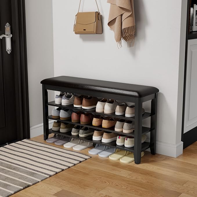 Shoe Bench with Leather Cushion, 3 Tiers Shoe Storage Bench Height Adjustable, Walnut Wood Entryway Bench for Hallway, Mudroom