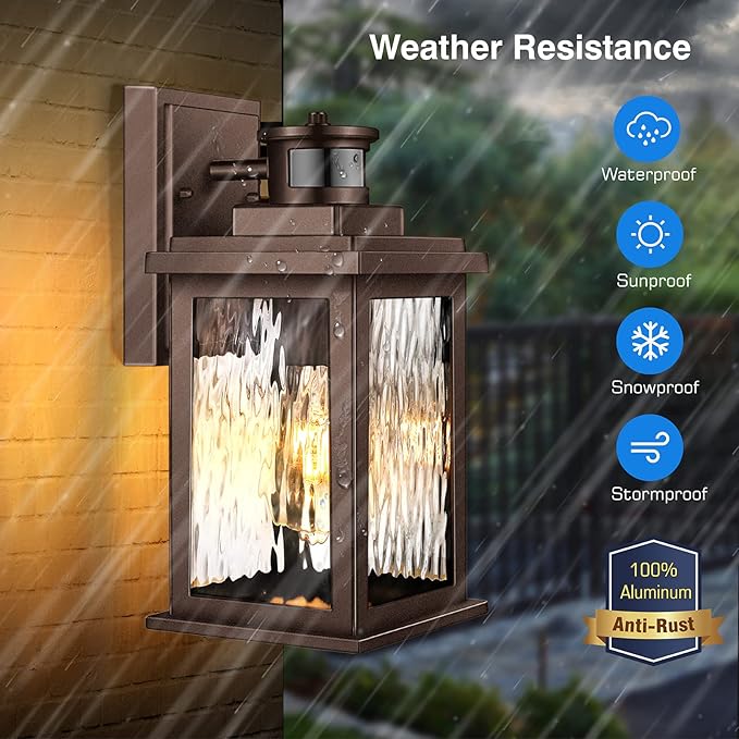 VIANIS Outdoor Motion Sensor Lights for House Oil-Rubbed Bronze, Exterior Waterproof Porch Lights Fixture Wall Mount for House, Aluminum Wall Lantern with Tempered Ripple Glass for Garage Entrance