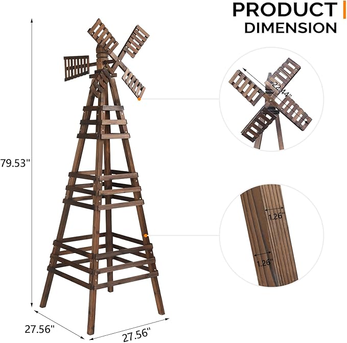 Wooden Windmill, Weather-Proof Wind Spinner, Outdoor Wind Mill for Garden Lawn Patio Decoration (Carbonized, Large)