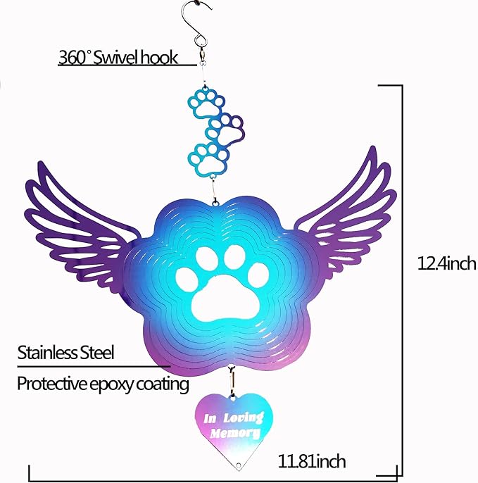 DJUAN Pet Memorial Wind Spinners, Cat Memorial Gifts,Stainless Steel Angel Wings Pet Paw Print,Dogs and Cats Remembrance, Pet Sympathy,Pet Loss Bereavement Gifts