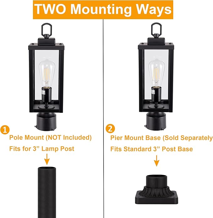 GRUENLICH Outdoor Post Lighting Fixture Pole Lantern, E26 Medium Base Max 60W, Metal Housing Plus Glass, Matte Black Finish, Bulb Not Included, 2 Pack