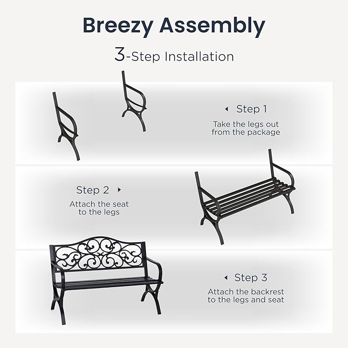 PHI VILLA 50-Inch Cast Iron Steel Frame Garden Bench Outdoor Patio Bench Chair w/Floral Design Backrest, Slatted Seat for Park, Yard & Porch, Black