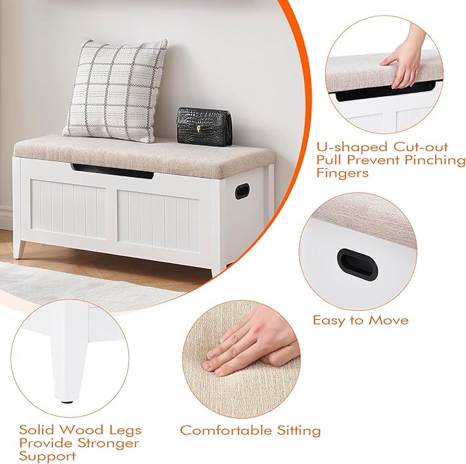 GAOMON 39.4" Storage Benches Entryway Bench with Cushion, 2 Safety Hinges, Storage Trunk, Shoe Bench Storage Chest for Entryway, Living Room, Bedroom, White