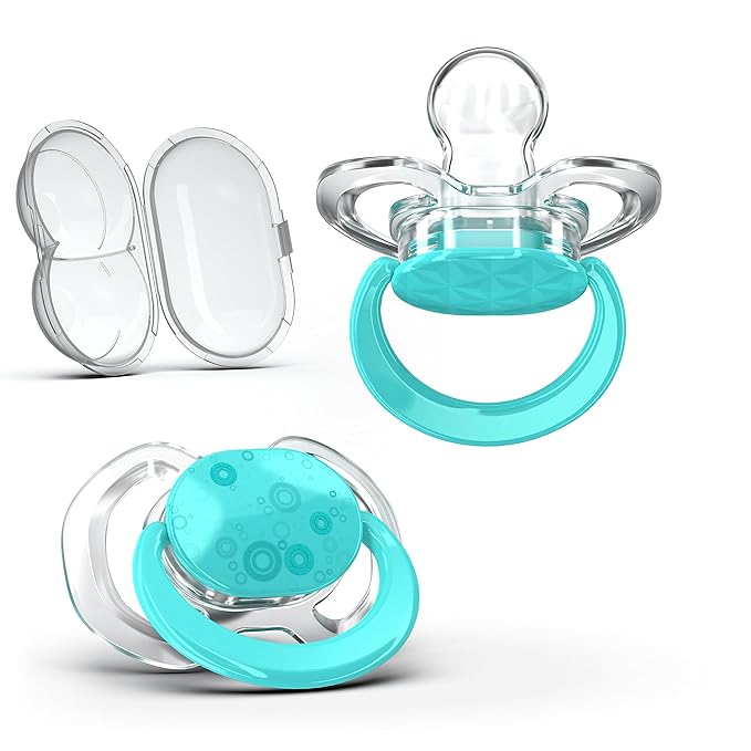 Smilo Baby Pacifier - 2 Pack of Slimline Pacifiers for Babies with Sterilization Box - Stage 3 for Babies 9+ Months - 100% Silicone Newborn Pacifiers BPA Free - Aqua Blue