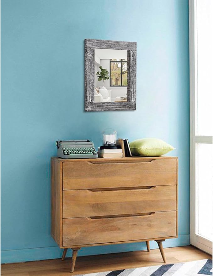 Rustic Wall Mirror Farmhouse, with Frame Wood Wall Mirror Rectangle Antique Decor Hanging Mirror for Bathroom Living Room Bedroom Entryway Small 16" x 12 "