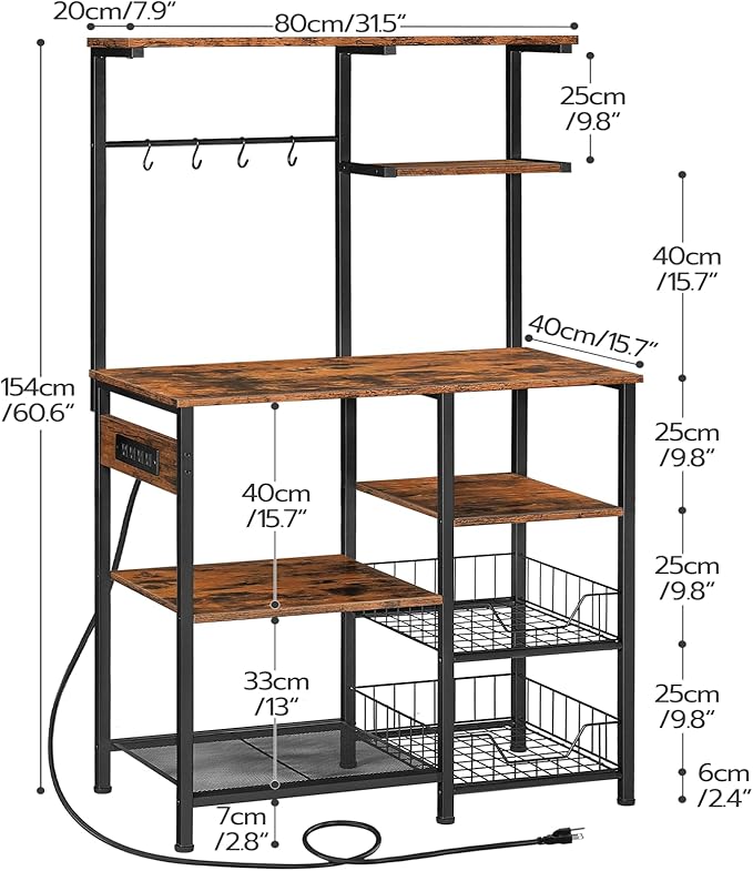 HOOBRO Bakers Rack with Power Outlet and LED Light, 6-Tier Microwave Stand with Wire Baskets, Coffee Bar Station, Kitchen Utility Storage Shelf with 4 Hooks, Rustic Brown and Black BF64UDHB01