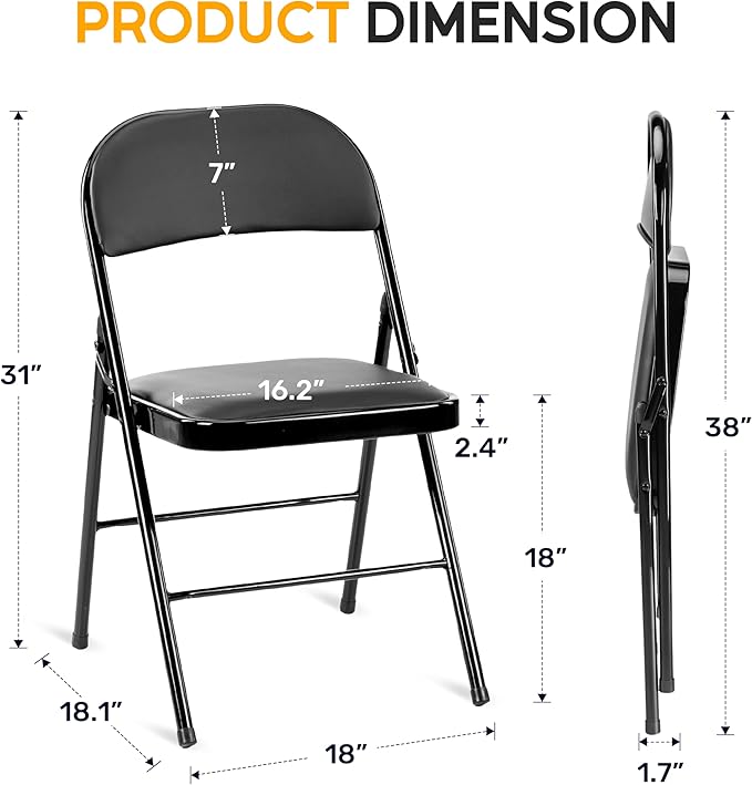 HealSmart 2 Pack Folding Chairs with Leather Padded Cushion Seats, Back & Sturdy Metal Frame, Stackable, Portable, Commercial Event Seat, Indoor Outdoor for Parties, Home Event, Office, Black