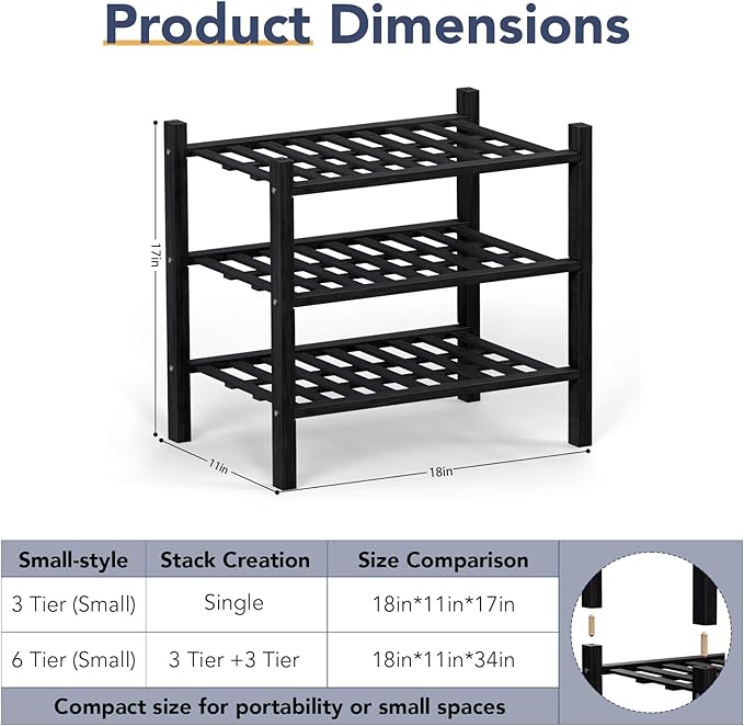 Haddockway small 3 Tier Bamboo Shoe Rack Storage Organizer, Multifunctional Free Standing Stackable Shoe Shelf with Grid Panel for Closet,Hallway,Entryway,Small Space 18"x11"x17"(Black, 3-Tier(Small))