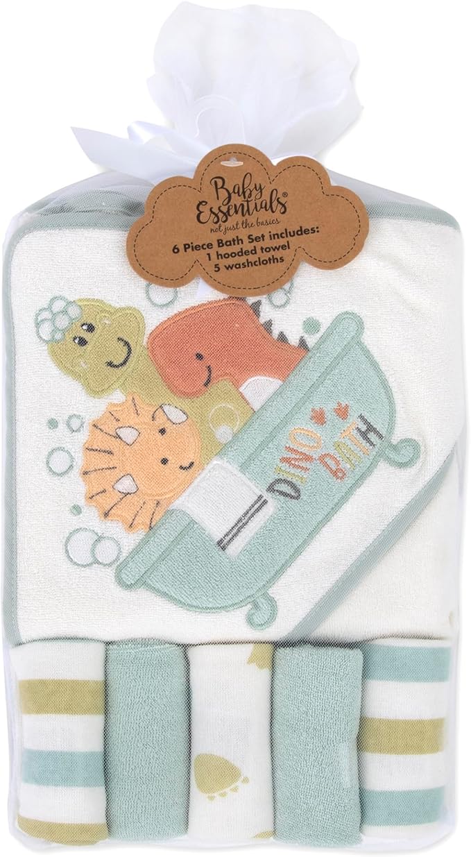 Baby Hooded Bath Towel and Washcloth Set for Infants, Boys and Girls 6-12 Months (Drippy Dinos)