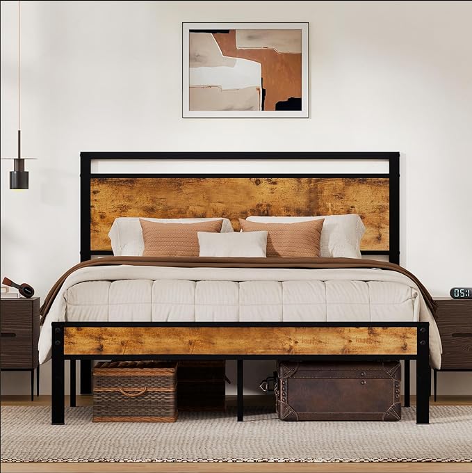Z-hom Queen Bed Frame with Modern Wood Headboard & Footboard, Upgraded Heavy Duty Metal Sturdy Bed Frame Queen Size, Stable Platform Bed Furniture Bed Storage, No Noise, No Box Springs, Vintage Brown