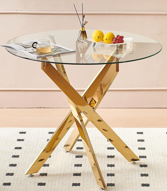 36" Round Dining Table for 4, Modern Clear Glass Kitchen Table for 4 with Gold X Metal Legs, Contemporary Small Circle Dining Room Leisure Tables for Kitchen Apartment
